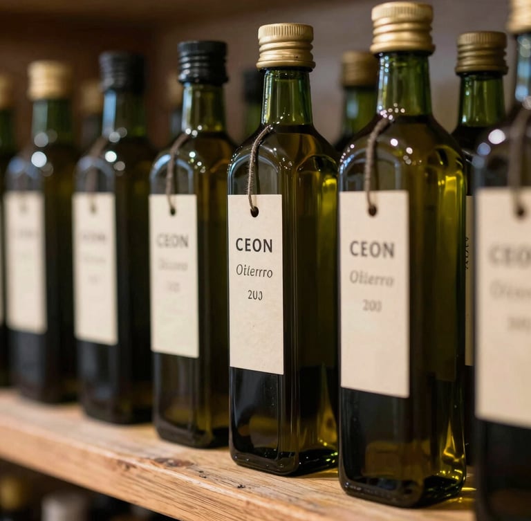 A close-up photograph of artisanal olive oil bottles with hand-labeled parchment tags sitting on a rustic wooden shelf, illuminated by soft natural side-light with a shallow depth of field.