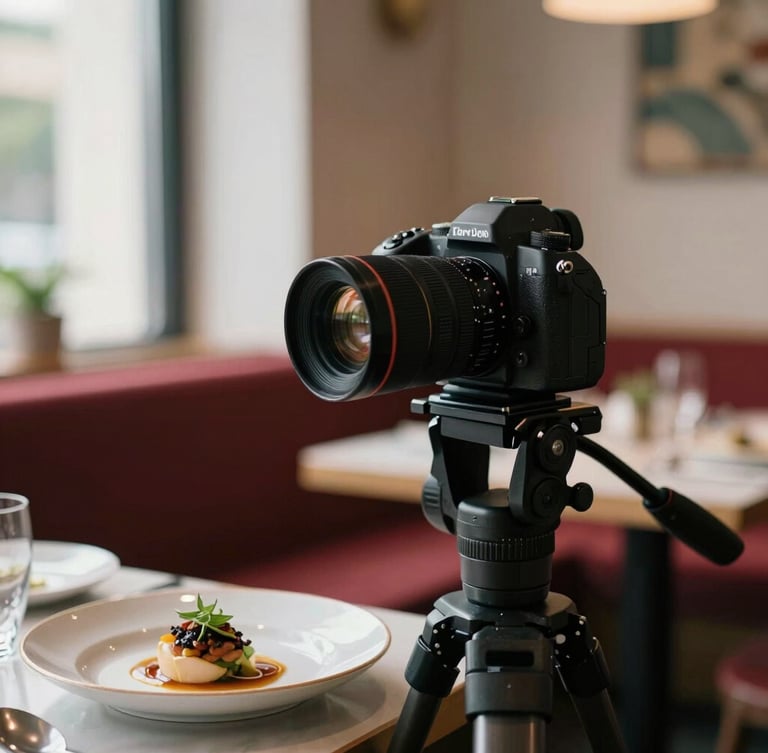 Close-up of a professional camera on a tripod focusing on a chef plating a dish in a cozy, Scandinavian-style restaurant, soft natural side-lighting.
