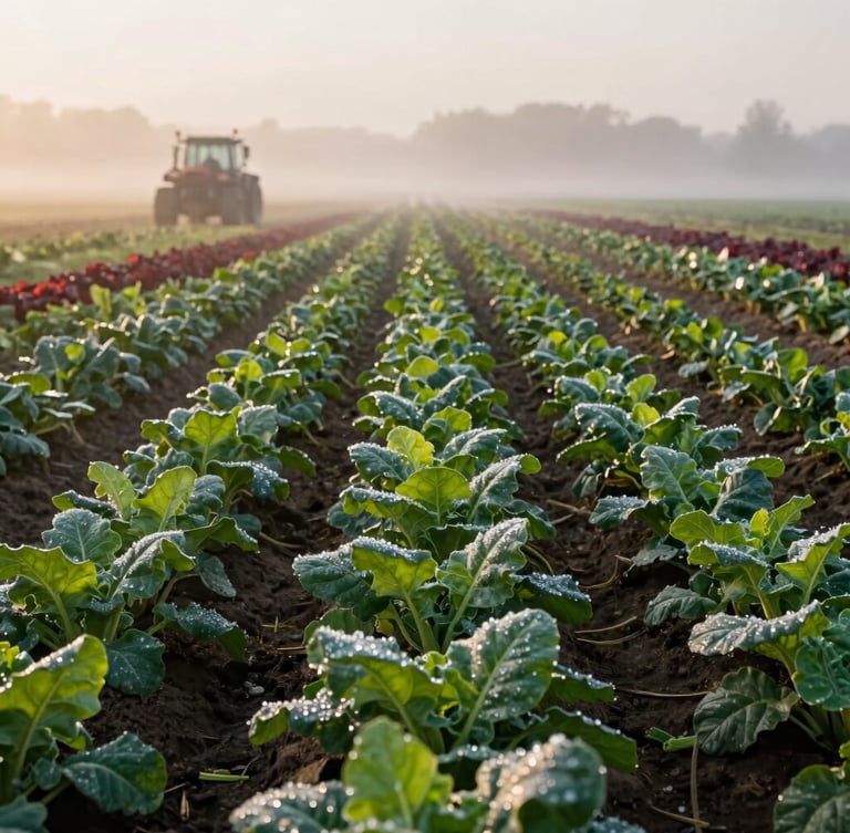 A wide panoramic view of a misty organic farm at sunrise, soft side-lighting, rows of leafy greens with dew drops, a distant tractor, warm editorial photography