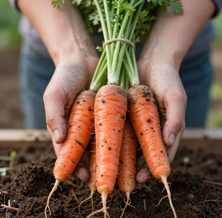 A close-up of dirt-caked hands holding freshly harvested heirloom carrots, soft Scandinavian morning daylight, rich soil textures, shallow depth of field, 35mm