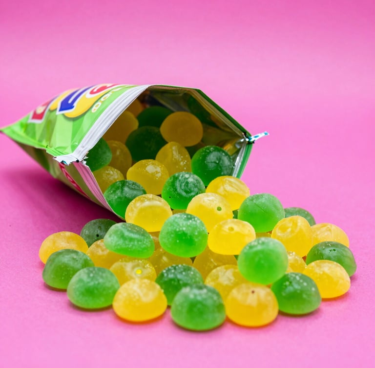 Wide portrait shot of an open bag of colorful gummy candies tipped sideways, vivid green and yellow gummies cascading onto a flat magenta surface, hard high-key studio light from above, saturated solid color background, no shadows, product macro framing