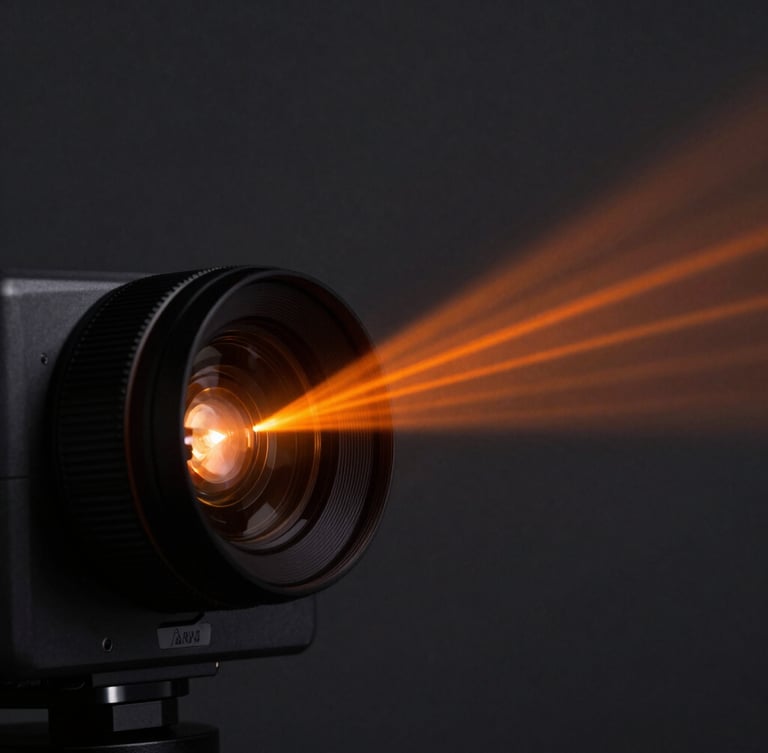 Extreme close-up of a premium high-end laser projector lens emitting a sharp, concentrated orange vector beam in a dark, atmospheric studio