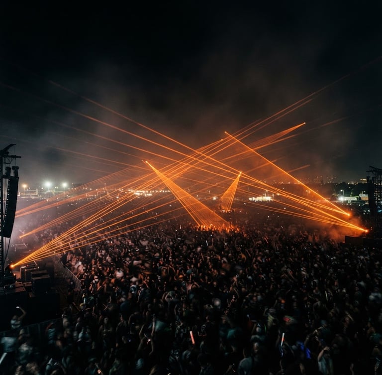 Dramatic long-exposure event photography of sharp orange laser beams cutting through a dark haze over a massive crowd, 35mm lens