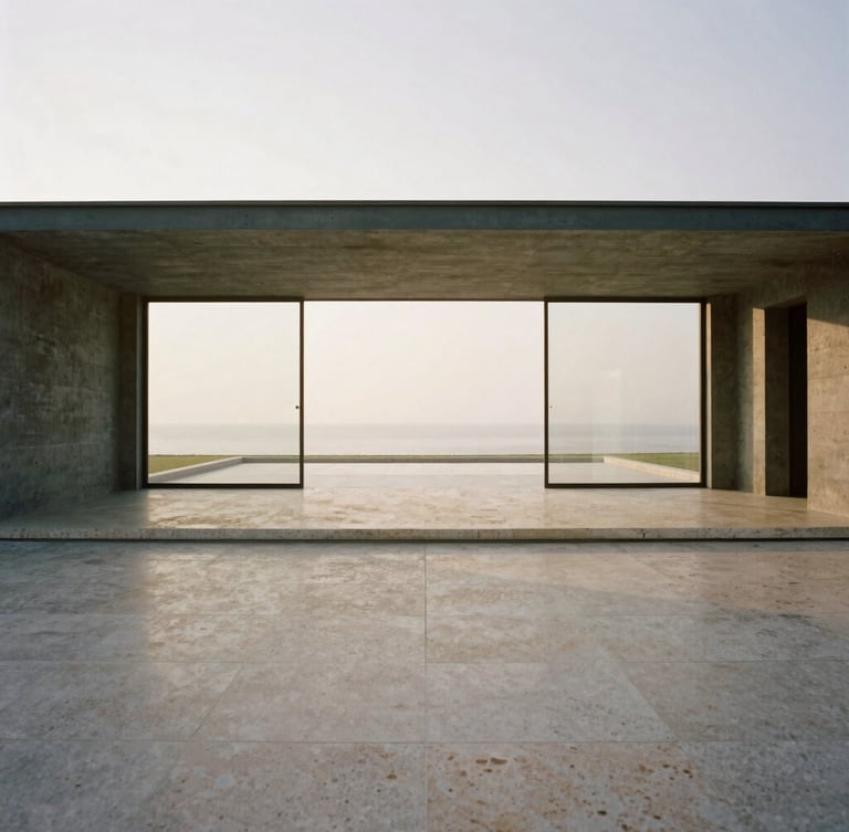 Wide panoramic architectural shot of a minimalist concrete and glass pavilion, soft diffused natural daylight, travertine floors, expansive negative space, 35mm