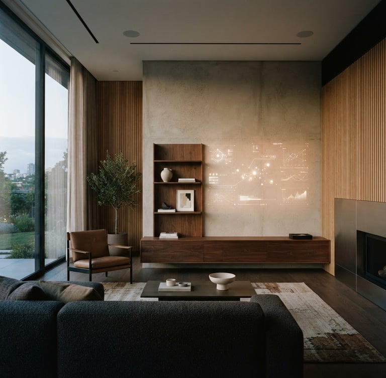 Wide shot of a minimalist luxury interior with subtle digital interface projections on a wall, soft diffused natural daylight, tactile materials like brushed steel and warm wood, 35mm
