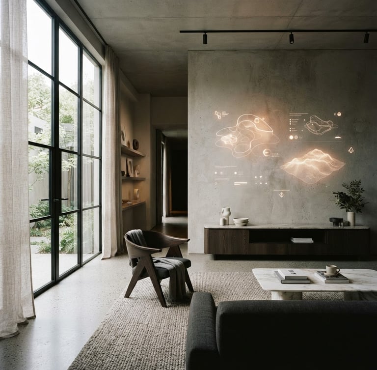 Wide cinematic shot of a minimalist luxury interior with a subtle digital interface projection on a wall, soft diffused natural daylight, bleeding left.