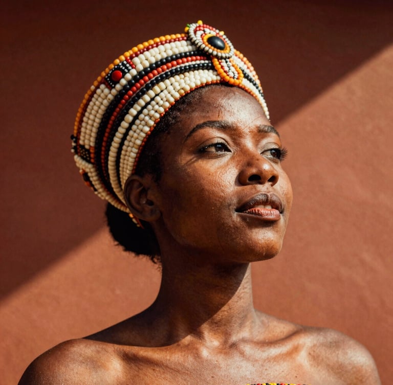 Dignified close-up portrait of a female dancer in traditional Yoruba beaded crown, high-contrast natural shadows, rich terracotta tones, warm editorial photography