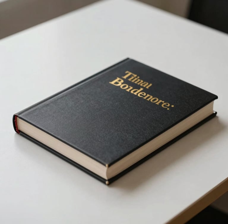 A physical hardcover book with matte black cover and gold typography resting on a clean minimalist desk, soft editorial lighting.