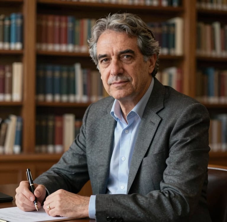 Sober portrait of author Antonio Carlos Mazzei in a refined library, natural side lighting with soft shadows, holding a fountain pen, executive atmosphere