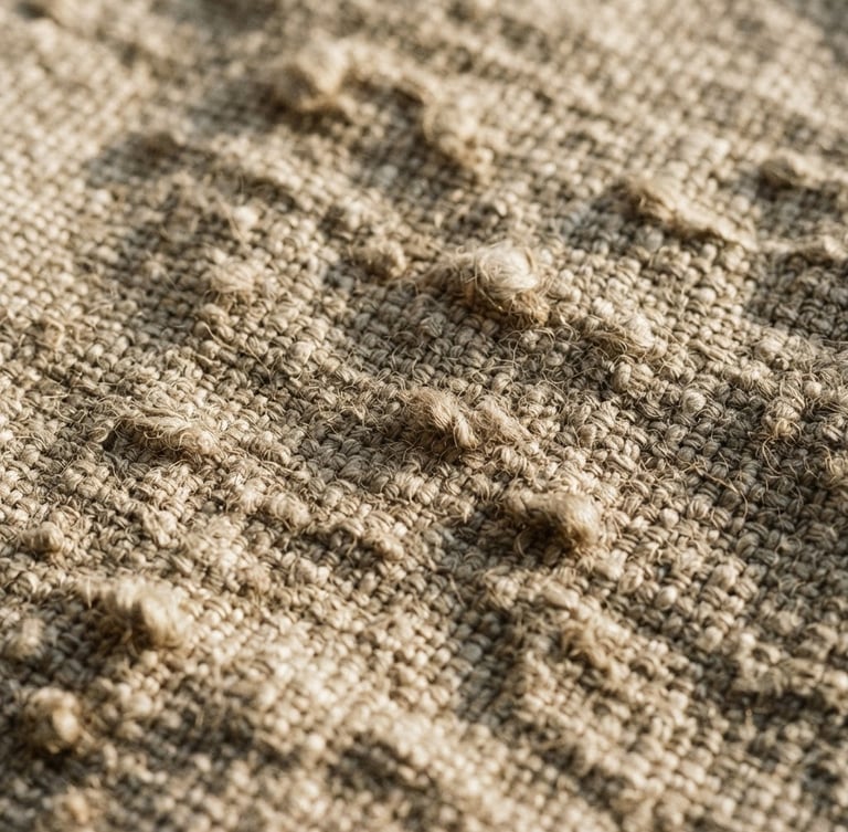 Macro crop of heavy oatmeal-colored Belgian linen showing raw slub texture, low raking afternoon window light casting deep shadows, 35mm editorial photography.