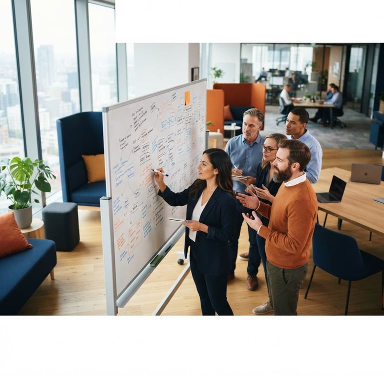 Wide shot of a modern, clean collaborative workspace with a team brainstorming around a whiteboard, natural daylight, soft shadows, focused professionals, deep blue and orange accents, shallow depth of field.