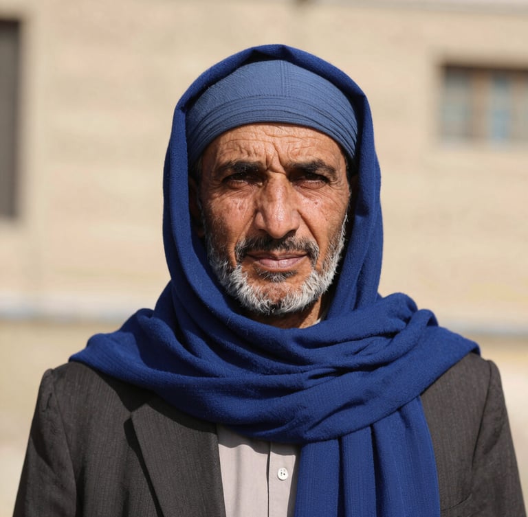 Dignified medium-close portrait of an Afghan community leader in natural bright daylight, direct eye contact, wearing a deep blue scarf, warm neutral background, sharp focus, 35mm