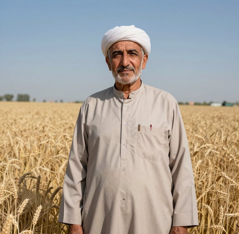 Dignified portrait of an Afghan agricultural cooperative leader standing in a sunlit wheat field, warm neutral tones, sharp focus, 35mm