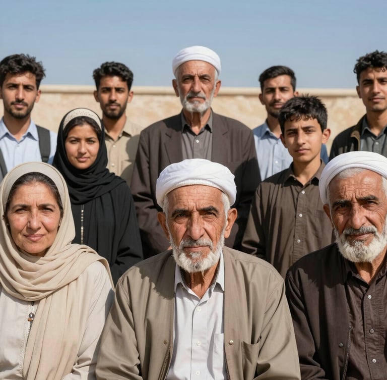 Dignified portrait of diverse Afghan community elders and youth in a bright, natural daylight assembly, direct confident eye contact, warm neutral tones