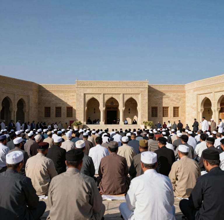 Dignified editorial photography of historic Afghan civic assembly, warm daylight, natural tones, sharp focus, 35mm