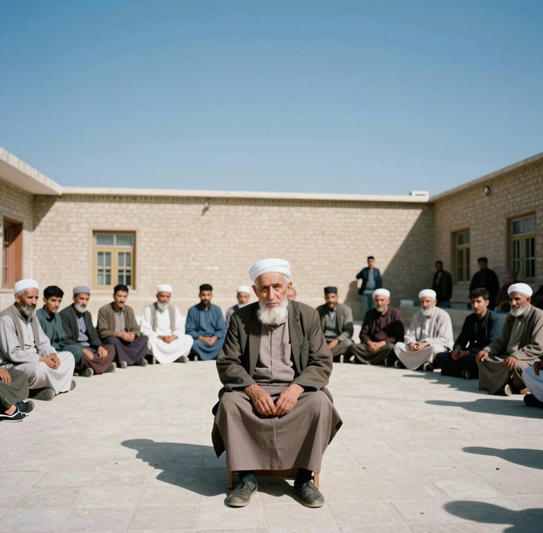 Dignified wide environmental portrait of Afghan elders and youth sitting in a bright, sunlit community assembly courtyard, 35mm editorial photography, natural daylight