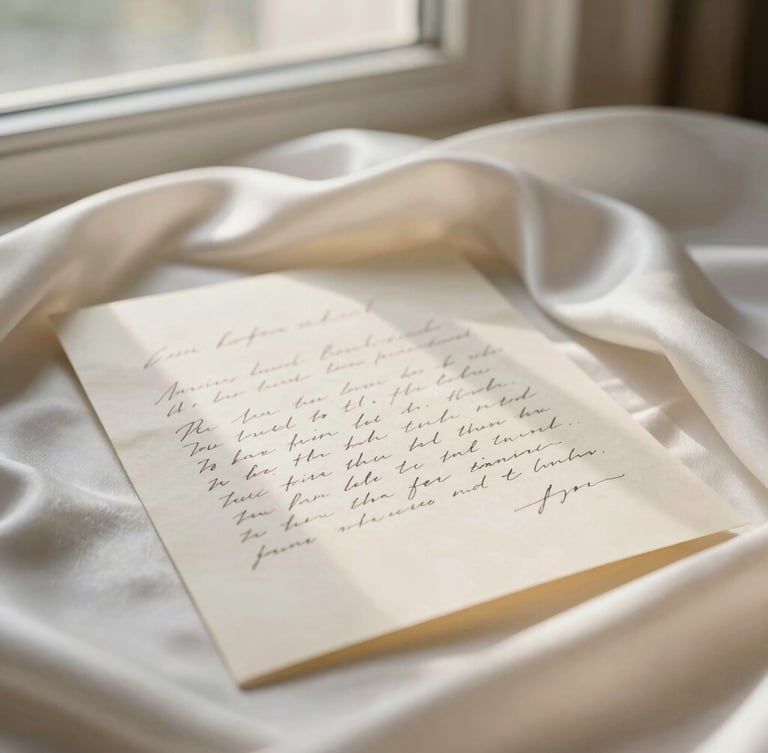 A close-up of draped ivory silk and a delicate handwritten letter on heavy paper stock, soft morning window light, shallow depth of field, warm editorial tone.