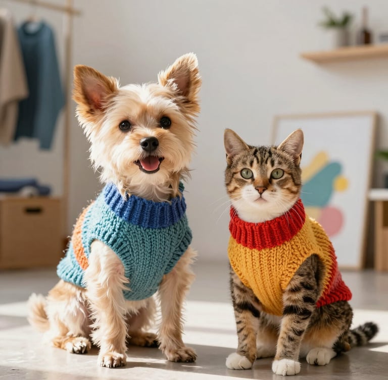 Warm editorial photography of a happy small dog and a stylish cat sitting together indoors wearing colorful hand-knitted sweaters, bright natural daylight, Celaya workshop background, shallow depth of field, 35mm