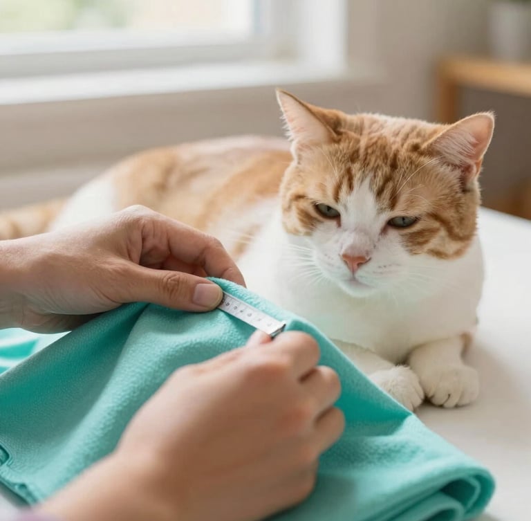 Close-up of artisan hands carefully measuring a soft turquoise fabric next to a sleeping cat in a sunlit room, shallow depth of field, 35mm