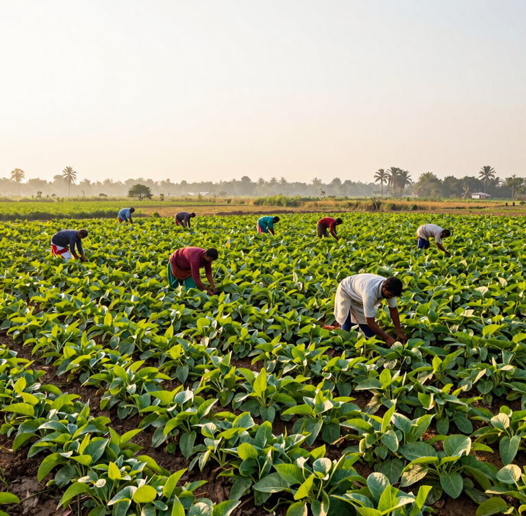 Wide shot of a vibrant Indian agricultural field at sunrise, showing farmers tending to crops, natural daylight, rich saturated colors, sharp focus.