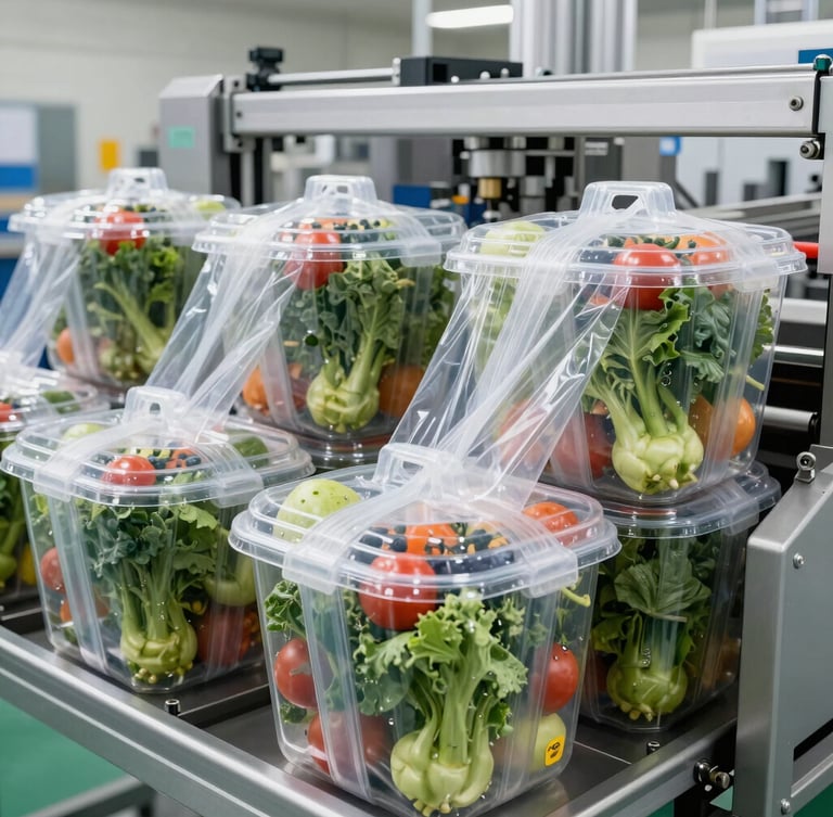 Modern packaging facility interior, automated machinery carefully sealing fresh produce into large, durable bulk containers, clean high-key studio lighting, focus on precision and hygiene.