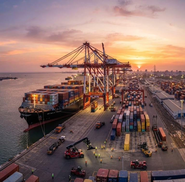 Wide panoramic view of a cargo ship being loaded with containers at a bustling Indian port, sun setting, focus on the scale of logistics, professional B2B commercial aesthetic.