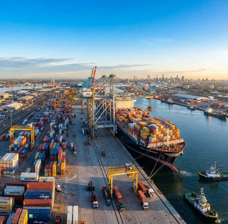 Wide panoramic shot of a cargo ship being loaded with containers at a bustling port at sunrise, global trade routes faintly overlaid, bright natural daylight, clear sky.