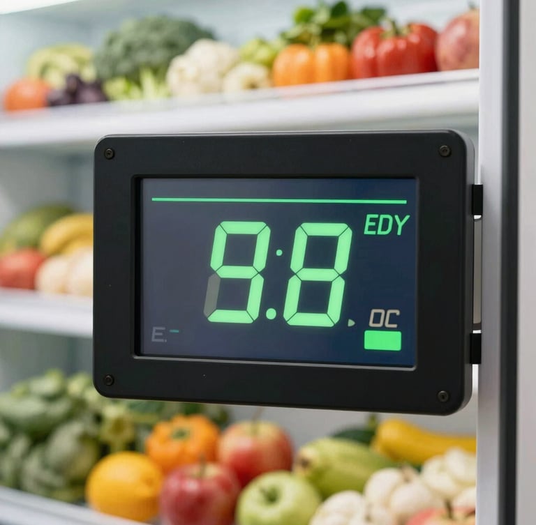 Close-up of a digital display showing temperature data inside a refrigerated shipping container, with a blurred background of agricultural products, bright, high-key studio lighting.