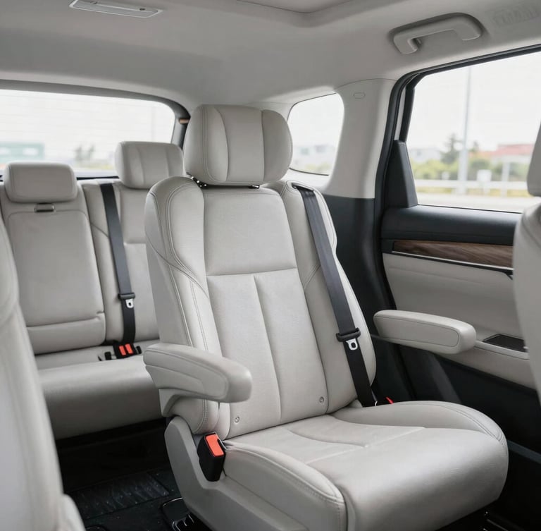 Immaculate interior of a modern passenger vehicle, clean leather seats, bright natural daylight, highlighting safety and comfort.