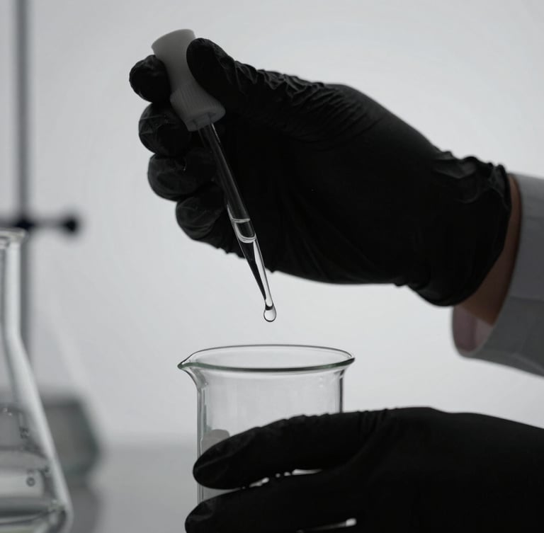 Hands in black protective gloves holding a glass pipette over a laboratory beaker, high-contrast side lighting, minimalist laboratory environment, sharp focus on liquid droplet.
