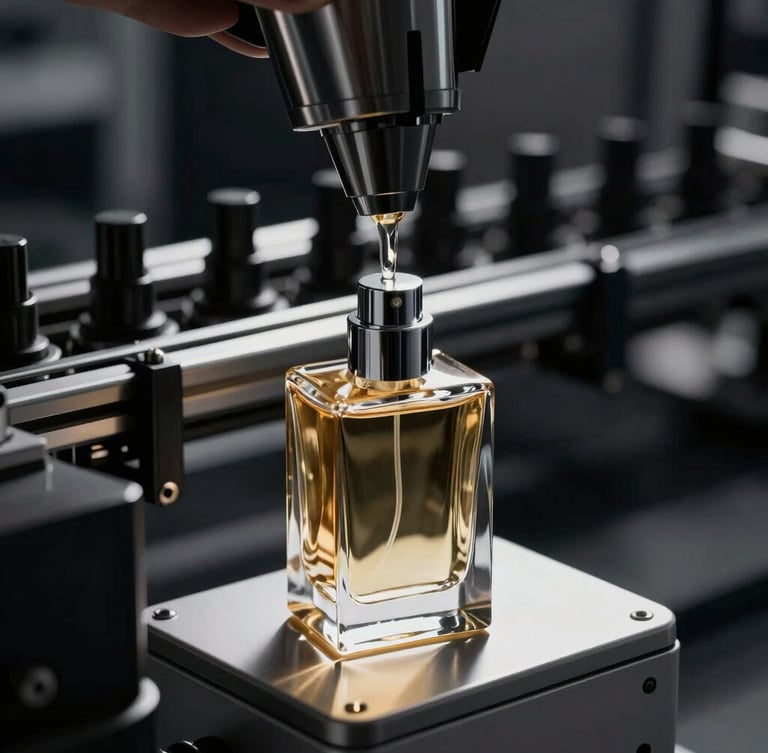 Sleek glass perfume bottle being filled with golden liquid on an automated luxury assembly line, sharp focus, dramatic side lighting