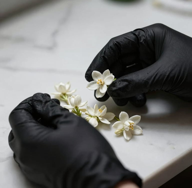 Hands in black gloves carefully handling delicate regional jasmine blossoms on a white marble counter, macro lens, dramatic side lighting