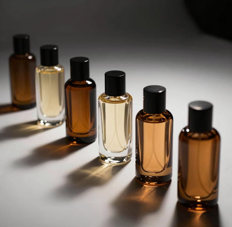 Sleek amber glass perfume bottles lined up on a reflective white surface, dramatic high-contrast side lighting, sharp shadows, minimalist luxury editorial photography.