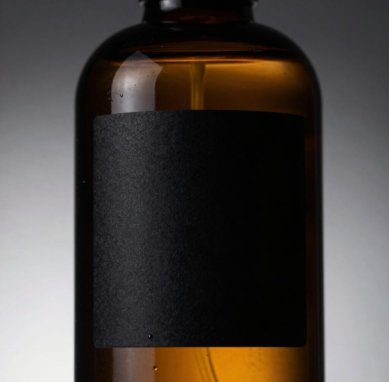 Sleek amber glass bottle with minimalist black label, dramatic high-contrast side lighting, sharp details, luxury editorial style