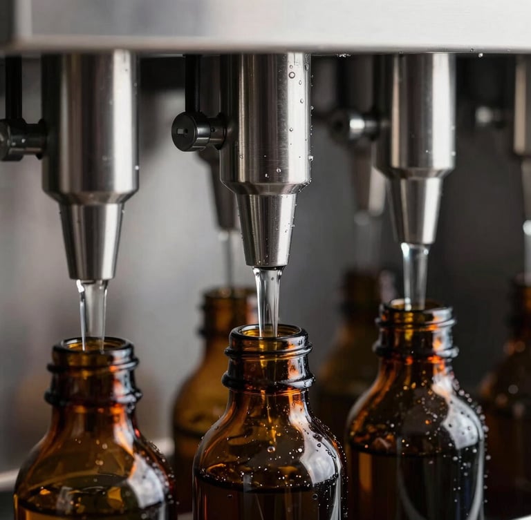 Macro shot of high-tech stainless steel automated bottling nozzles dispensing clear liquid into sleek amber glass bottles, dramatic side lighting, sharp details
