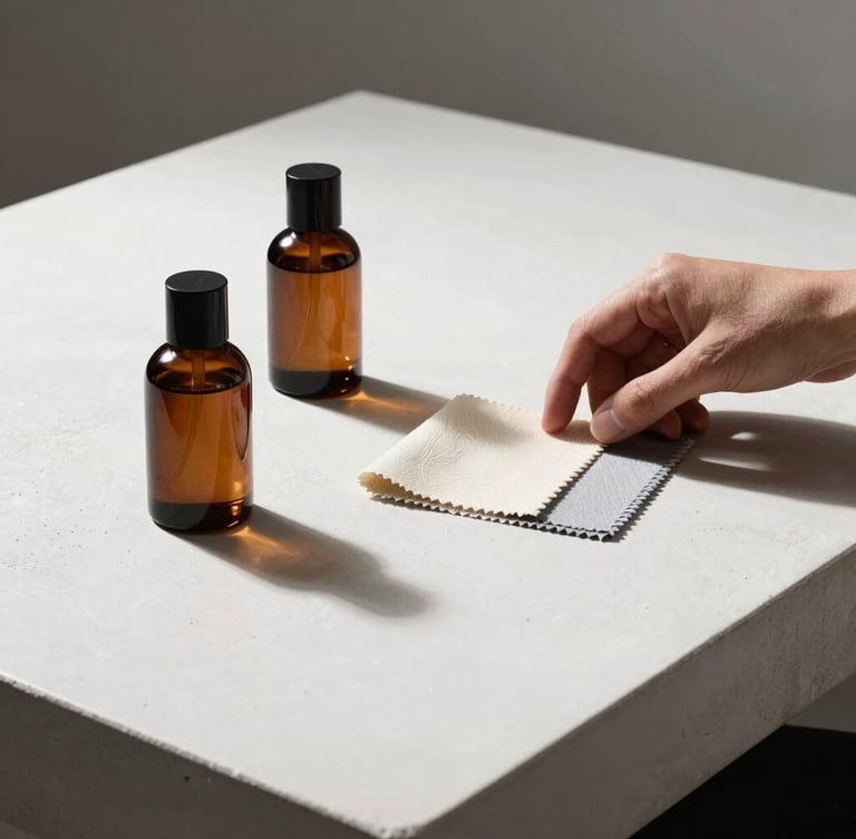 A creative director examining fabric swatches next to minimalist amber scent bottles on a clean white concrete table, soft side lighting