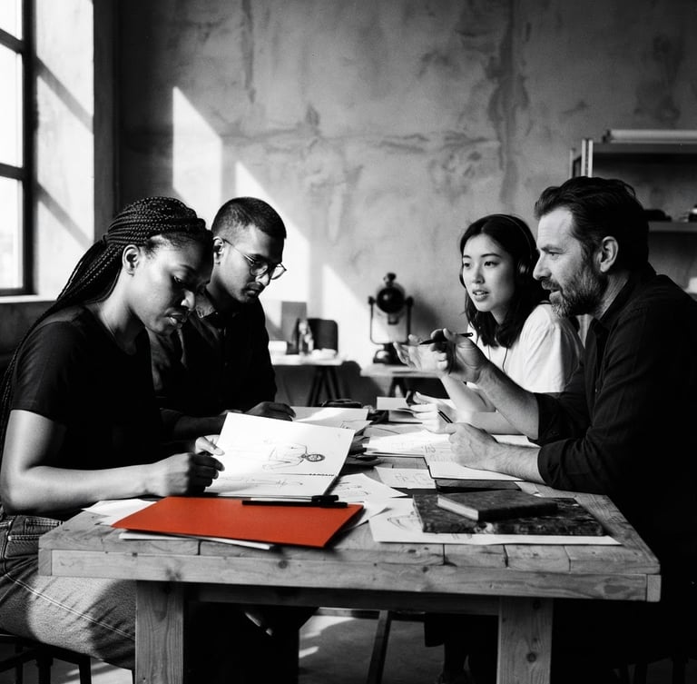 Retrato de un equipo creativo diverso y enfocado en un estudio minimalista, con luz dura y sombras profundas, estilo 35mm, blanco y negro.