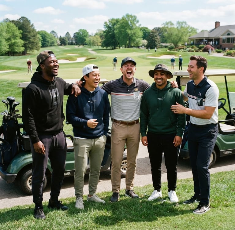 A candid group shot of young, cool, stylish male golfers hanging out on a sunny course, laughing and having fun. They are wearing modern streetwear-infused golf apparel: custom branded hoodies, graphic polos, joggers, and structured hats. Saturated, high-contrast daylight, 35mm lens style.