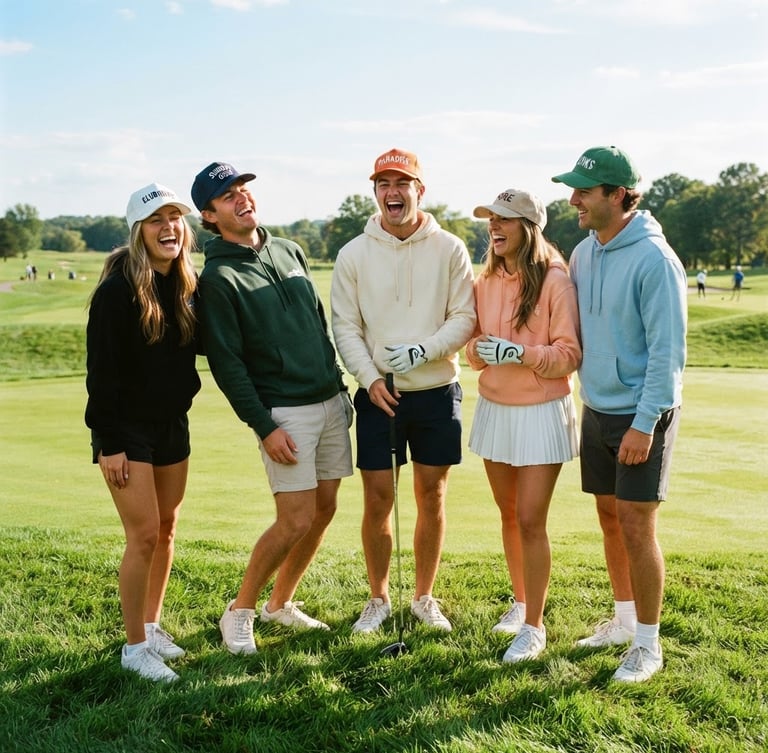 Candid low-angle shot of a group of young, stylish golfers hanging out on a sunny green, wearing modern golf hoodies, branded hats, and shorts, laughing together, vibrant 35mm style