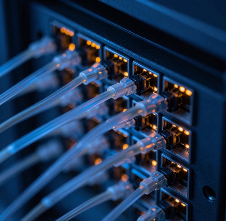 Macro close-up of high-density fiber optic terminations glowing with cool blue ambient light and sharp electric orange LED indicators, server rack background, 35mm