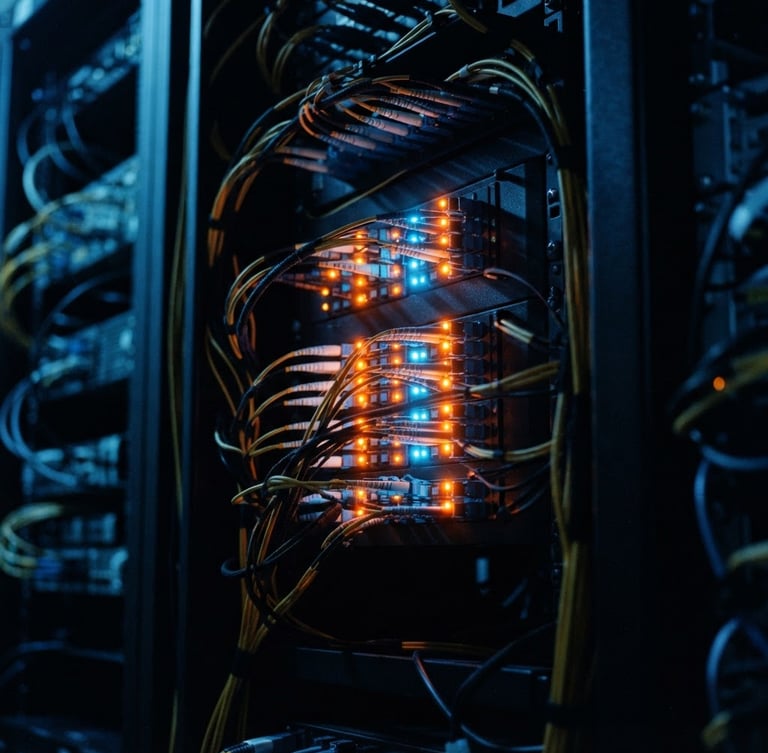 Macro close-up of high-density fiber optic terminations glowing with orange and blue LED status lights in a dark server rack aisle, dark industrial photography, 35mm