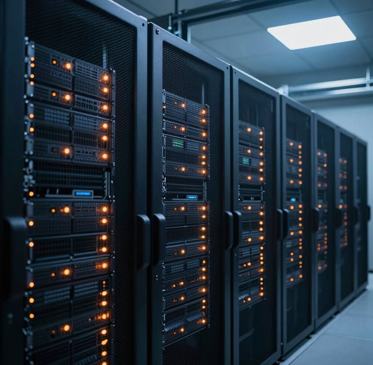 Wide-angle architectural shot of a dark enterprise server hall, rows of server racks with blinking orange status lights, cool blue overhead lighting, clean technical grid, 35mm