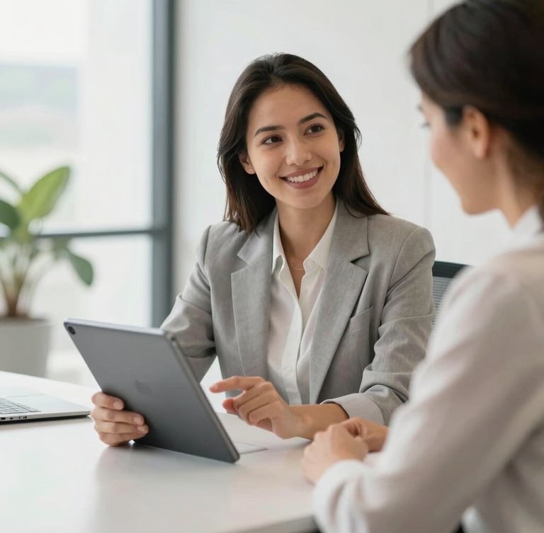 A professional financial advisor sitting in a bright modern office in Brazil, smiling warmly while explaining a digital tablet screen to a client, soft daylight, 35mm lens