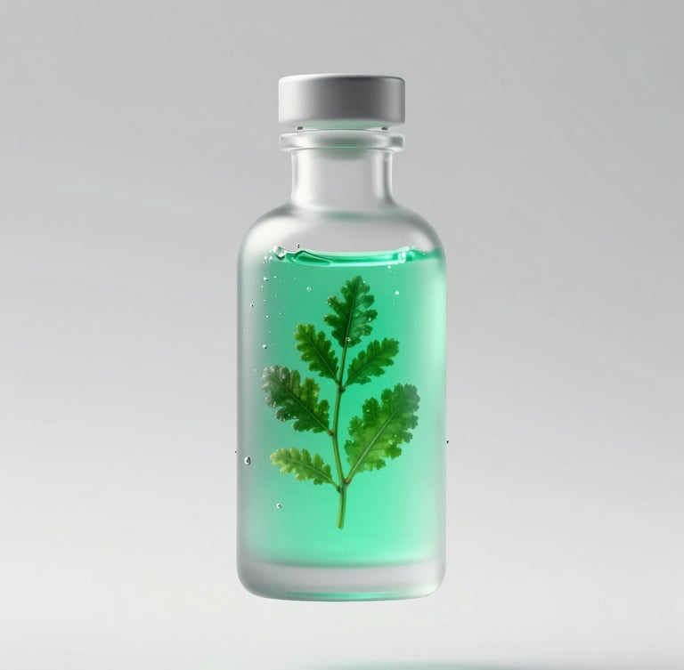 A sleek 3D render of a frosted glass bottle suspended in glowing emerald fluid, high-tech clinical studio lighting, macro framing, clean sharp angles.
