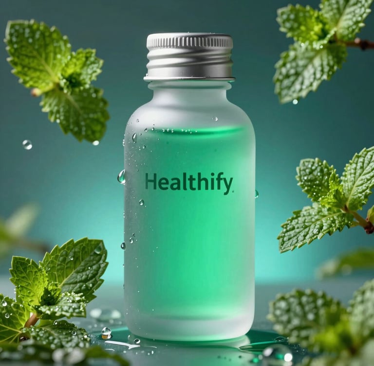 Macro close-up of a premium frosted-glass Healthify bottle with glowing emerald liquid inside, surrounded by floating mint leaves and clean water droplets, clinical-luxe aesthetic, studio lighting, portrait aspect ratio.