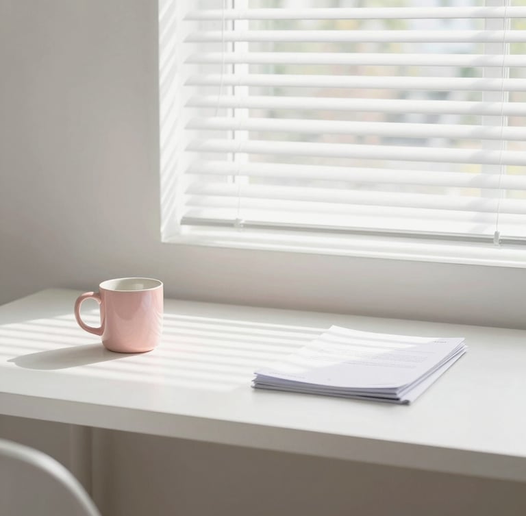 Minimalist Florida workspace with soft morning light filtering through blinds, clean desk with pastel ceramic cup and neat documents, 35mm photography
