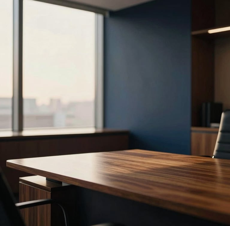 Refined corporate office interior with warm window light reflecting on a polished wooden desk, modern architectural lines, shallow depth of field, 35mm photography