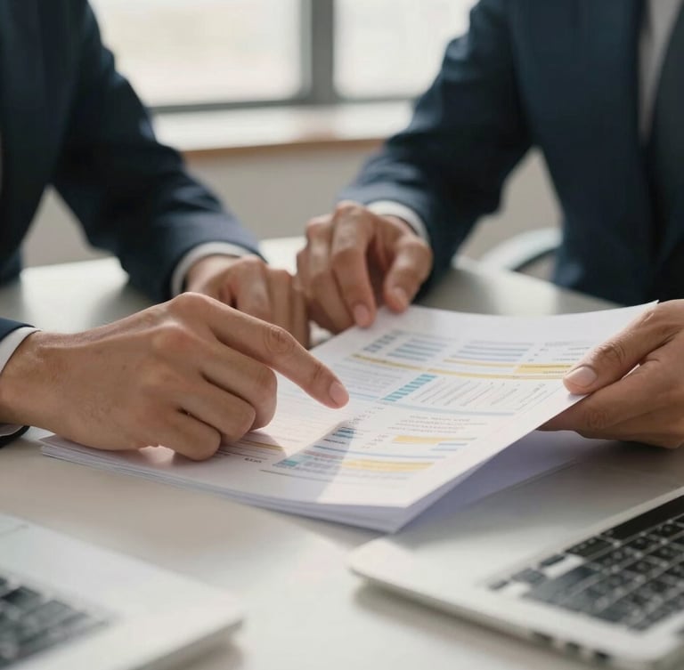 Close-up of hands reviewing physical and digital financial reports on a clean desk, soft natural light, warm professional tones, shallow depth of field
