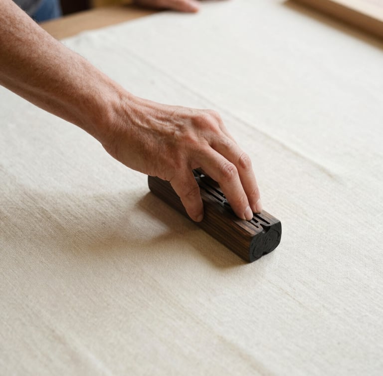 An artisan's hand pressing a carved wooden block onto stretched cream cotton fabric, rich charcoal dye, natural workshop light, warm editorial photography, 35mm