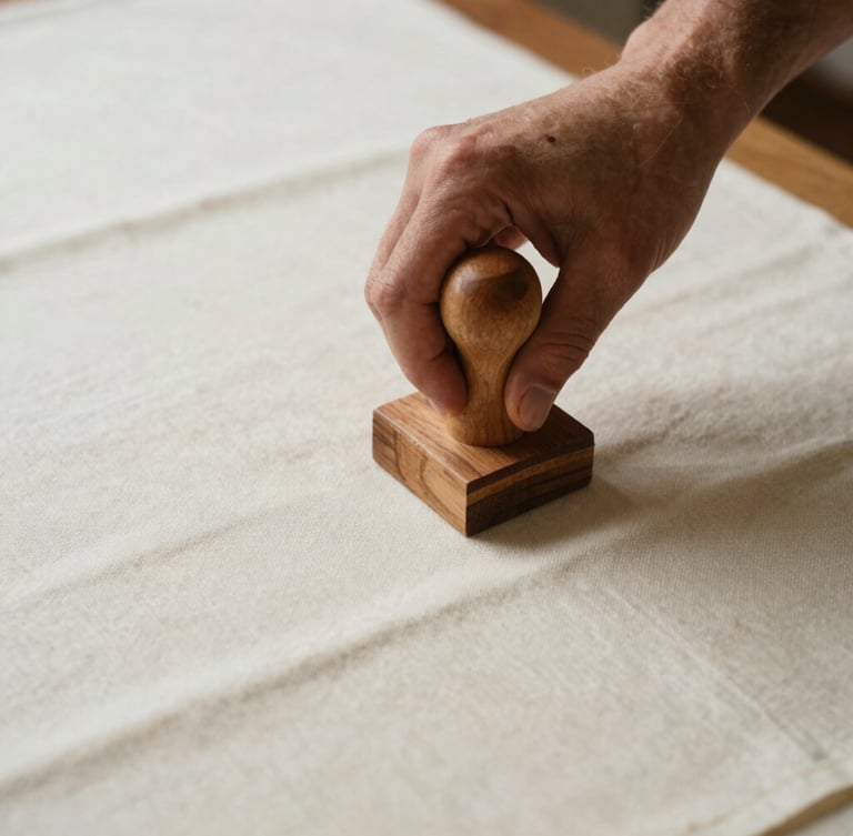 An artisan carefully pressing a hand-carved wooden block onto a long stretch of cream-colored cotton fabric, soft natural morning light, shallow depth of field